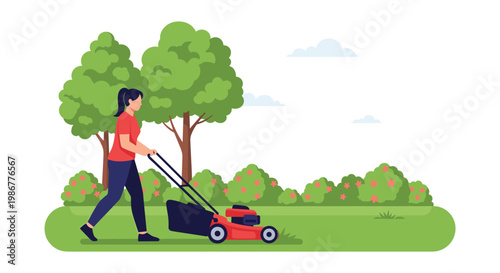 Young woman mows the green grass in a public park using a red lawnmower on a beautiful sunny day with trees in the background.