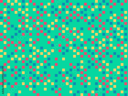 Abstract geometric pattern with scattered colorful small squares on a teal green background