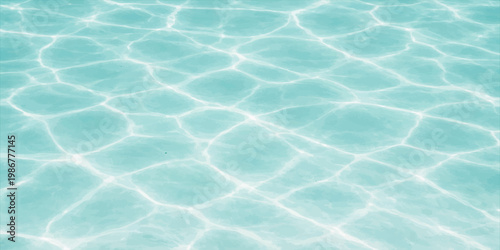 A clear turquoise swimming pool surface ripples with sunlight and abstract reflections, creating a wet aqua texture of transparent blue water across the summer ocean waves