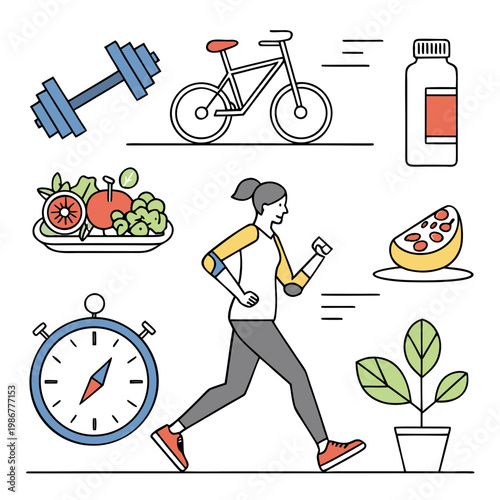 fitness and exercise vector illustration with healthy lifestyle elements