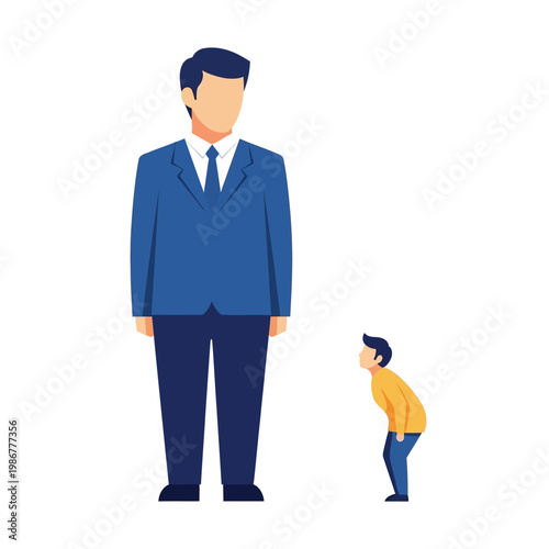 Big businessman in suit looking down at tiny man, concept of power and inequality