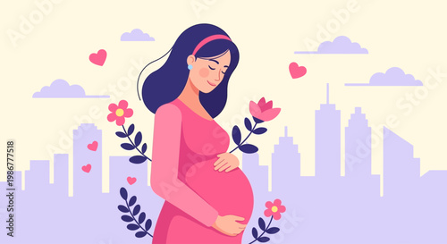Pregnant Mother Holding Belly with Flowers and Hearts for Mother's Day Vector Illustration