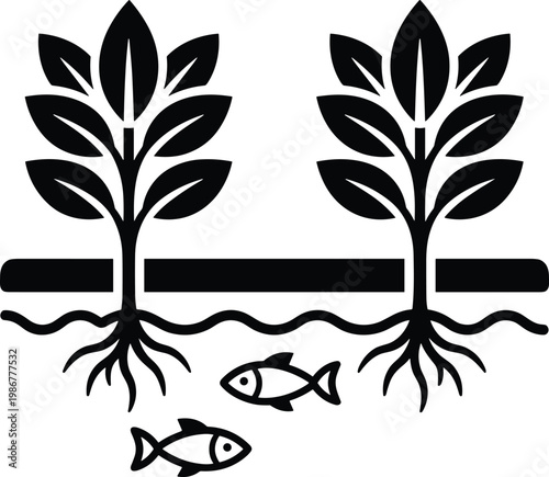 Aquaponics hydroponics system illustration, plants with roots above fish, sustainable ecosystem design, modern agriculture water nutrient integration