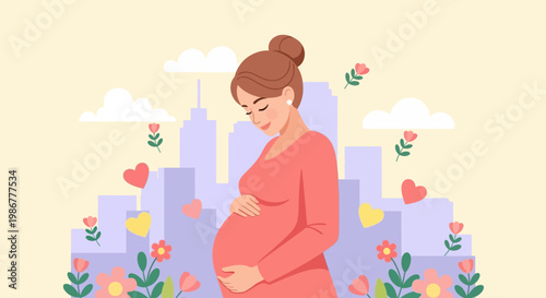 Pregnant Woman with Bun Hair Gently Touching Belly Amid Flowers and Cityscape for Mother's Day Vector Illustration