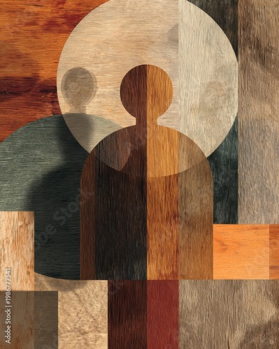 Abstract Art with Colorful Wood Textures and Human Silhouette Shapes