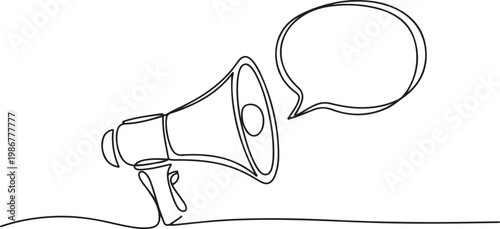 Continuous one line drawing of megaphone speaker with bubble chat. Megaphone with bubble speech outline vector illustration. one line Icon drawing