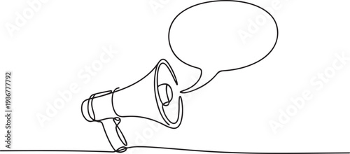 Continuous one line drawing of megaphone speaker with bubble chat. Megaphone with bubble speech outline vector illustration. one line Icon drawing