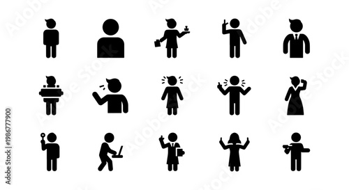 Minimalist human silhouettes and profession icons set, 15 black vector pictograms of people, diverse character avatars for business and service
