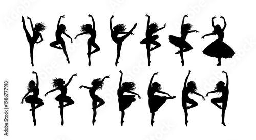 Graceful ballet dancer silhouettes set, 14 elegant ballerina vector elements, black female dancing figures in motion for performance posters