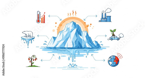 Climate Change Illustration - Melting Iceberg and Environmental Impact.