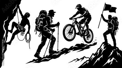 Extreme outdoor adventure silhouettes, mountain climbing and hiking vector set, mountain biking and summit success icons, black and white sports graphics