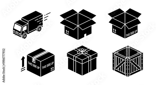 Isometric delivery icons set, black shipping boxes and moving truck vector, logistics and warehouse packaging symbols, 6 elements for e-commerce