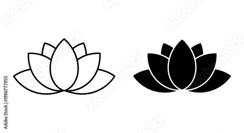 Minimalist lotus flower vector icons, black and white floral bloom symbols, zen yoga and wellness lily graphics for logo design