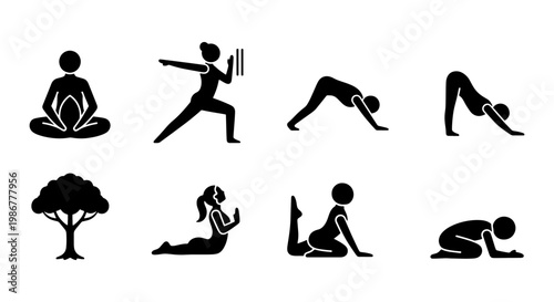 Yoga poses icon set with 8 black silhouettes, meditation and fitness exercise vector elements, wellness and stretching workout symbols for health apps