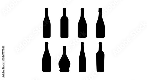 Black wine bottle silhouettes set, 8 glass bottle vector icons for bar and restaurant menus, minimalist alcohol bottle shapes for branding