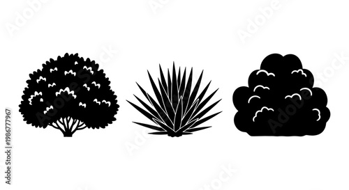 Minimalist bush silhouette set, black garden shrub vector icons, collection of 3 decorative landscape plants for architectural site plans
