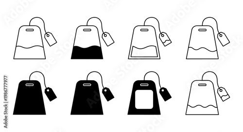 Minimalist tea bag icon set, 8 black and white vector elements, linear and solid tea bag symbols for cafe menus and beverage packaging design