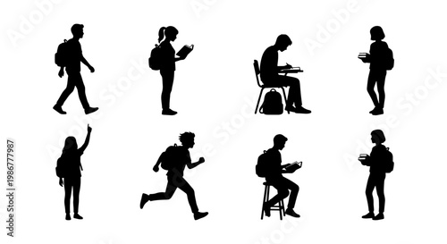 Student silhouette collection, school children with backpacks vector set, diverse group of teenagers studying and walking, black isolated figures
