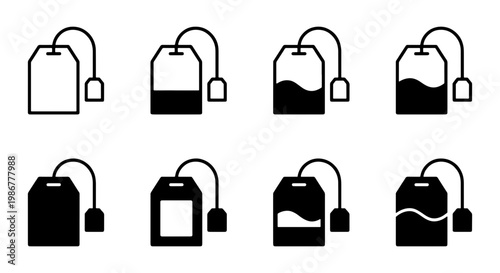 Minimalist tea bag icon set, 8 black and white vector elements for beverage branding, simple linear and solid tea bag symbols for cafe menus