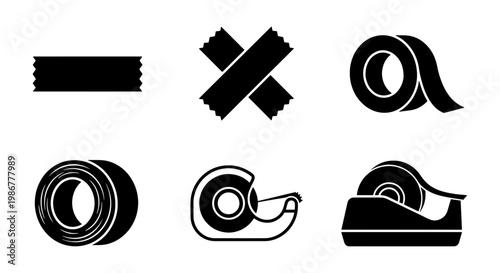 Adhesive tape icon set, black duct tape rolls and dispenser silhouettes, 6 office stationery vector elements for packaging and shipping