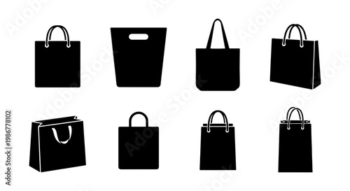 Shopping bag silhouettes collection, 8 black retail paper bag icons, minimalist grocery and fashion tote bag vector set for commerce