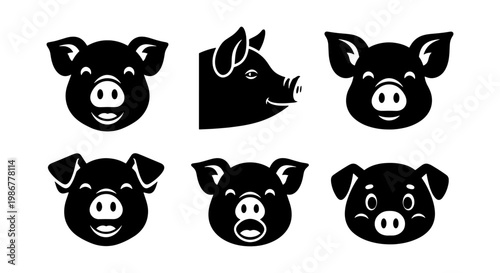 Pig head silhouette icons set, 6 black swine face vector elements, cute farm animal character portraits for butcher shop or farm branding