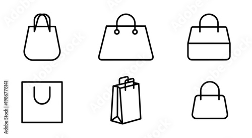 Minimalist shopping bag icon set, black line art retail paper bags, collection of 6 e-commerce store icons for web design and mobile apps