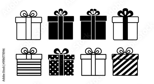 Minimalist gift box icons set, black and white present symbols with ribbons, 8 vector holiday surprise elements for celebration design