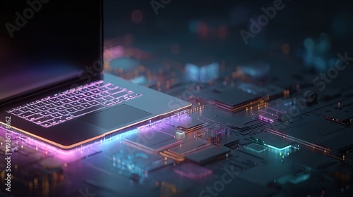 Modern Laptop with Glowing Keyboard on Futuristic Circuit Board Background