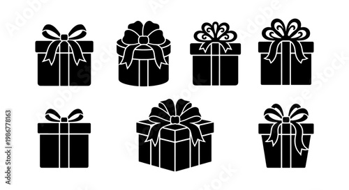 Black gift box silhouettes with decorative ribbons, set of 7 present icons for holiday shopping, minimalist gift wrap vector elements