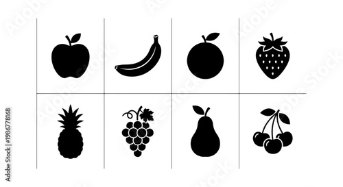 Minimalist fruit icon set, 8 black silhouette fruit symbols, flat vector illustrations of apple banana orange strawberry pineapple grapes pear and cherry