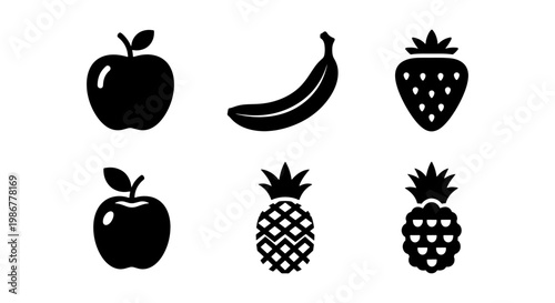 Minimalist fruit icon set with 6 black vector elements, flat solid apple banana strawberry and pineapple symbols, healthy food graphic resources