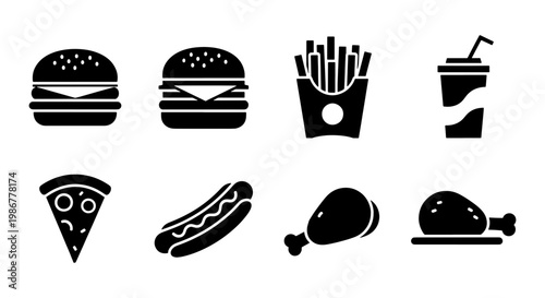 Fast food icon set with 8 black vector elements, junk food silhouettes including burger, pizza, and fries, takeaway meal symbols for restaurant menus