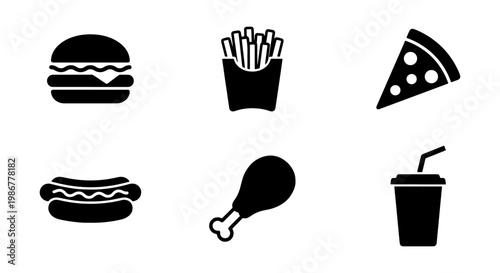 Fast food icon set with 6 black vector elements, minimalist junk food symbols including burger and pizza, takeaway meal silhouettes for restaurant menus