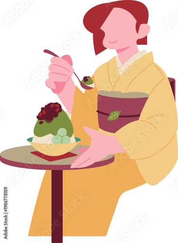 日本では宇治金時と呼ばれる抹茶白玉入り抹茶のかき氷を楽しむ着物の女性・A woman in a kimono is enjoying summer matcha sweets.