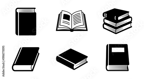 Minimalist book icon set, black and white library symbols, collection of 6 vector book illustrations for education and reading