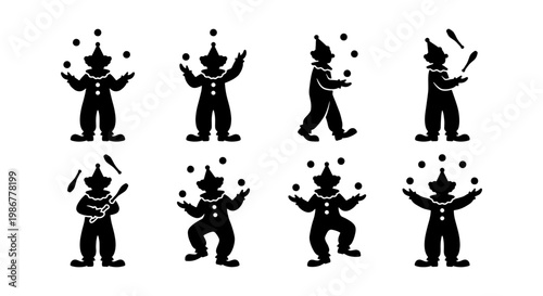 Vintage circus clown silhouette set, 8 juggling clown icons in black and white, retro carnival performer vector collection for event branding