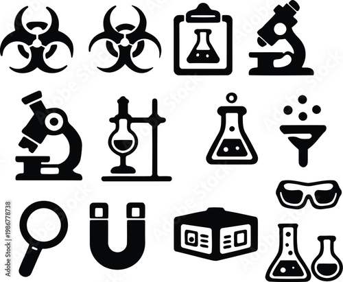 Black glyph icons representing various scientific tools and hazardous biological agents