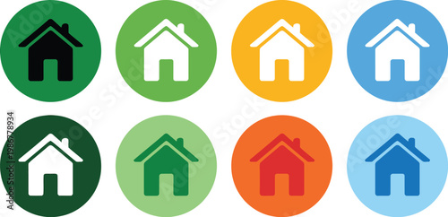 Web home icon set, house icon and main page symbol in circle featuring filled line outline and stroke styles for apps websites and UI design.