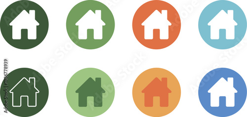 Web home icon set, modern house and homepage symbols in circle with filled thin line outline and stroke variations for user interface and web design.