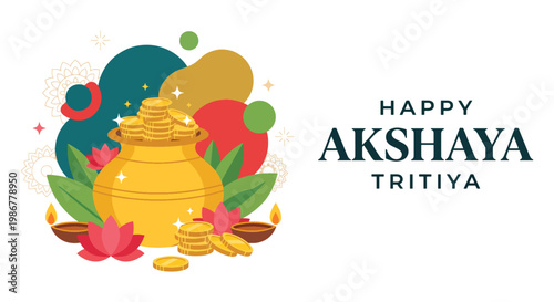 Happy Akshaya Tritiya Celebration With Gold Pot, Coins, Diyas and Lotus Flowers for Prosperity