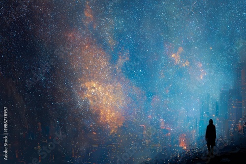 Enigmatic Solitude Under a Starry Sky with Cosmic Colors