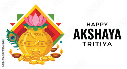Happy Akshaya Tritiya Celebration With Gold Coins, Kalash, Lotus and Diyas for Prosperity,  traditional Indian celebration.