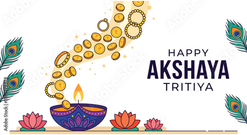 Happy Akshaya Tritiya Greeting With Diya, Gold Coins and Jewelry for Prosperity