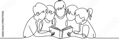 continuous line drawing of group of children reading book together.one line drawing for education, knowledge concept. one line Icon drawing