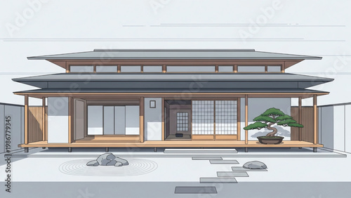 Modern house with large windows and wooden accents featuring a bonsai tree in the front yard on a white background