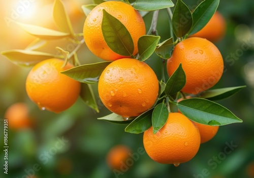 Ripe oranges hanging amidst lush green foliage in a grove.