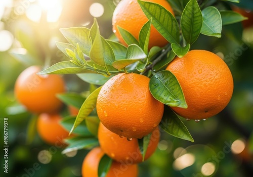 Ripe oranges nestled among lush green foliage in natural sunlight