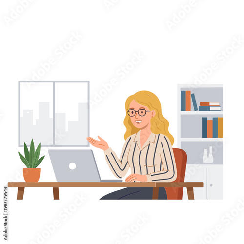 Woman sits at desk with laptop and gestures in office setting