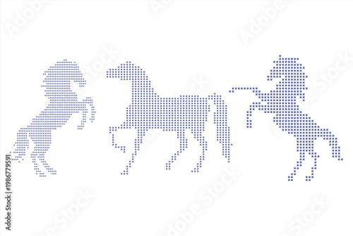Blue cross stitch horse set, embroidery animal silhouettes in pixel stitched style isolated on white